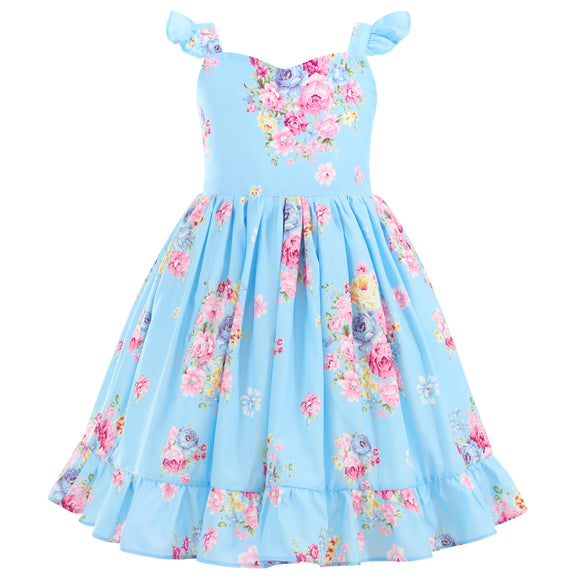 Flofallzique Summer Girls Vintage Floral Dress Ruffle Sleeves Tiered Kids Casual Clothes