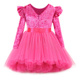 Flofallzique Little Girls Tulle Dresses Long Sleeves Ruffle Toddler Velvet Christmas Dress for Special Occasion Hot pink