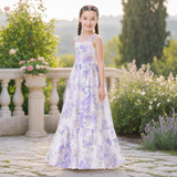 Girls Floral Floor-Length Maxi Dress with Square Neck & Ruffle Hem