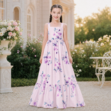 Girls Floral Floor-Length Maxi Dress with Square Neck & Ruffle Hem