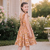 Girls Mustard Floral Midi Dress – Ruffle Sleeve Back Bow Party Dress