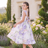 Girls Ivory Lavender Floral Dress – Flutter Sleeve Back Bow Party Dress