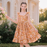 Girls Mustard Floral Midi Dress – Ruffle Sleeve Back Bow Party Dress