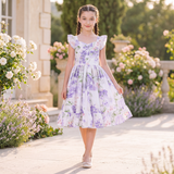 Girls Ivory Lavender Floral Dress – Flutter Sleeve Back Bow Party Dress