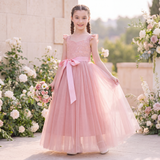 Girls Dusty Rose Pink Lace Tulle Dress – Flower Girl Wedding & Birthday Gown