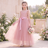 Girls Dusty Rose Pink Lace Tulle Dress – Flower Girl Wedding & Birthday Gown