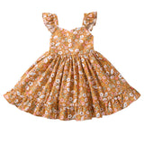 Girls Mustard Floral Midi Dress – Ruffle Sleeve Back Bow Party Dress
