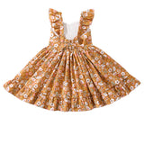 Girls Mustard Floral Midi Dress – Ruffle Sleeve Back Bow Party Dress