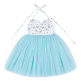 Girls’ Aqua Blue Floral Halter Tulle Dress – Knee-Length Party Dress