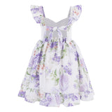 Girls Ivory Lavender Floral Dress – Flutter Sleeve Back Bow Party Dress