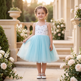 Girls’ Aqua Blue Floral Halter Tulle Dress – Knee-Length Party Dress