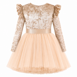 Customized Listing- Champagne Dawn Velvet Bow Tulle Dres