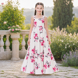 Girls Floral Floor-Length Maxi Dress with Square Neck & Ruffle Hem