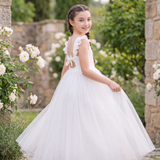 Girls White Lace Flower Girl Dress – Floor-Length Tulle Gown with Ruffle Straps & Bow Back