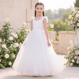 Girls White Lace Flower Girl Dress – Floor-Length Tulle Gown with Ruffle Straps & Bow Back