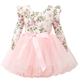 Flofallzique Long Sleeve Toddler Party Dress Vintage Floral Birthday Girls Tulle Dress