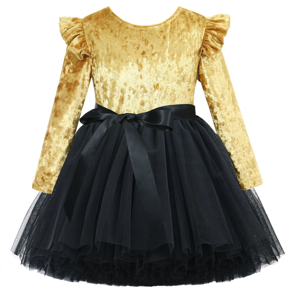 Flofallzique Little Girls Tulle Dresses Long Sleeves Ruffle Toddler Velvet Christmas Dress for Special Occasion Gold Black