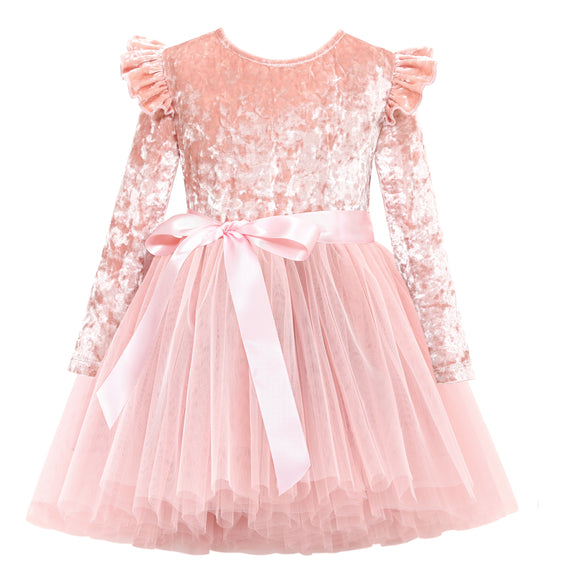 Flofallzique Little Girls Tulle Dresses Long Sleeves Ruffle Toddler Velvet Christmas Dress for Special Occasion Dusty pink