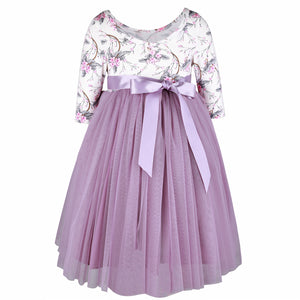 Girls Purple Tulle Wedding Party Dress 3/4 Sleeves