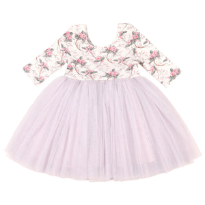3/4 sleeves floral little girls tutu dress 4 layer tulle princess dress purple