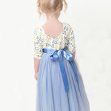 Flofallzique Blue 3/4 Sleeves girls tulle dress for 1-12 years old